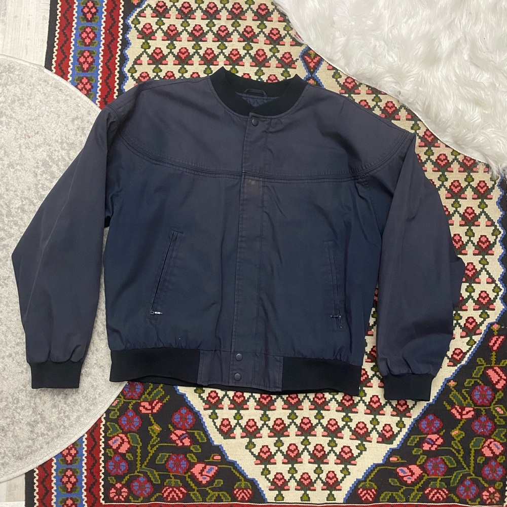 Blue Bomber Jacket with Ribbed Cuffs and Collar